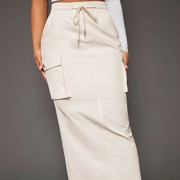 Beige Casual Womens Drawstring Waist Flap Pocket Side Cargo Skirt - Picture 3 of 5